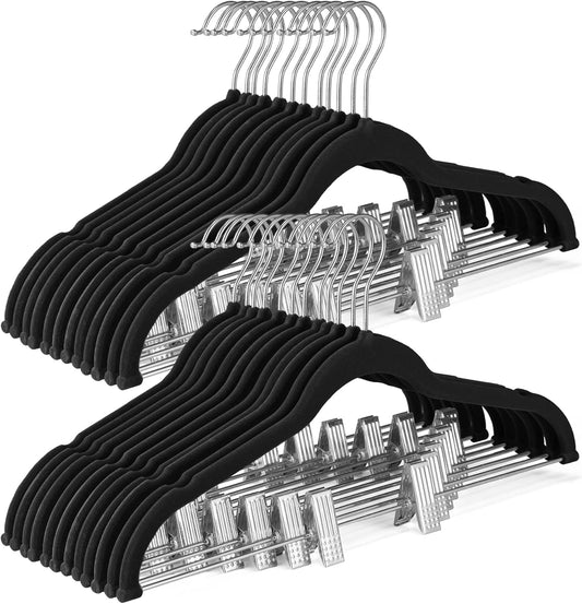 HOUSE DAY Velvet Skirt Hangers 24 Pack, Black Velvet Pant Hangers with Adjustable Clips, Space Saving Slim Shorts Hanger, Heavy Duty Non Slip Clip Hanger for Pants, Skirts, Shorts