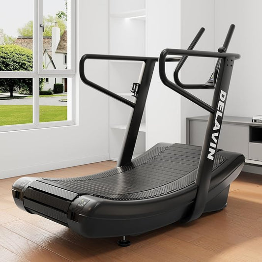 DELAVIN Curved Manual Treadmill, Non Electric Treadmill with 4 Resistance Levels, Motorless Treadmill with Front Digital Display and Handlebar, Wide Belt Treadmill 440LBS Capacity for Home Gym(FBA)
