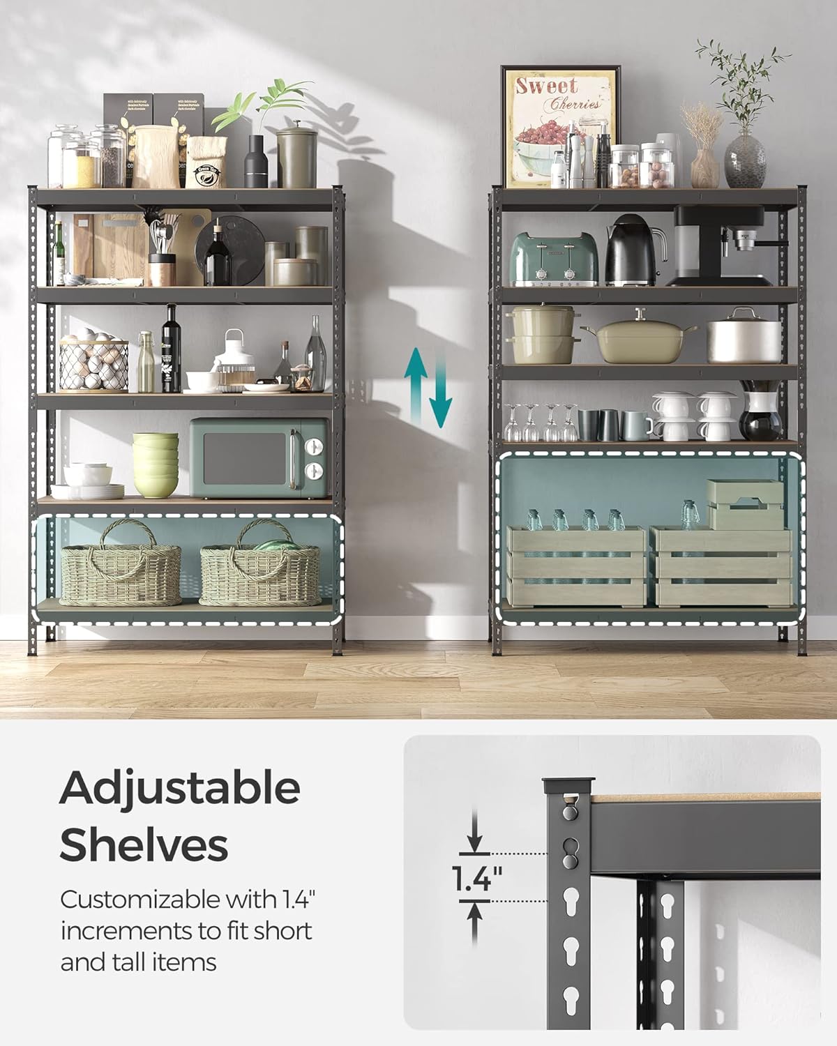 SONGMICS 5-Tier Storage Shelves, Load 2310 lb, Set of 2 Garage Storage, Boltless Assembly, Adjustable Shelving Unit, 23.6 x 47.2 x 70.9 Inches, for Study Shed Basement, Gray UGLR600G02
