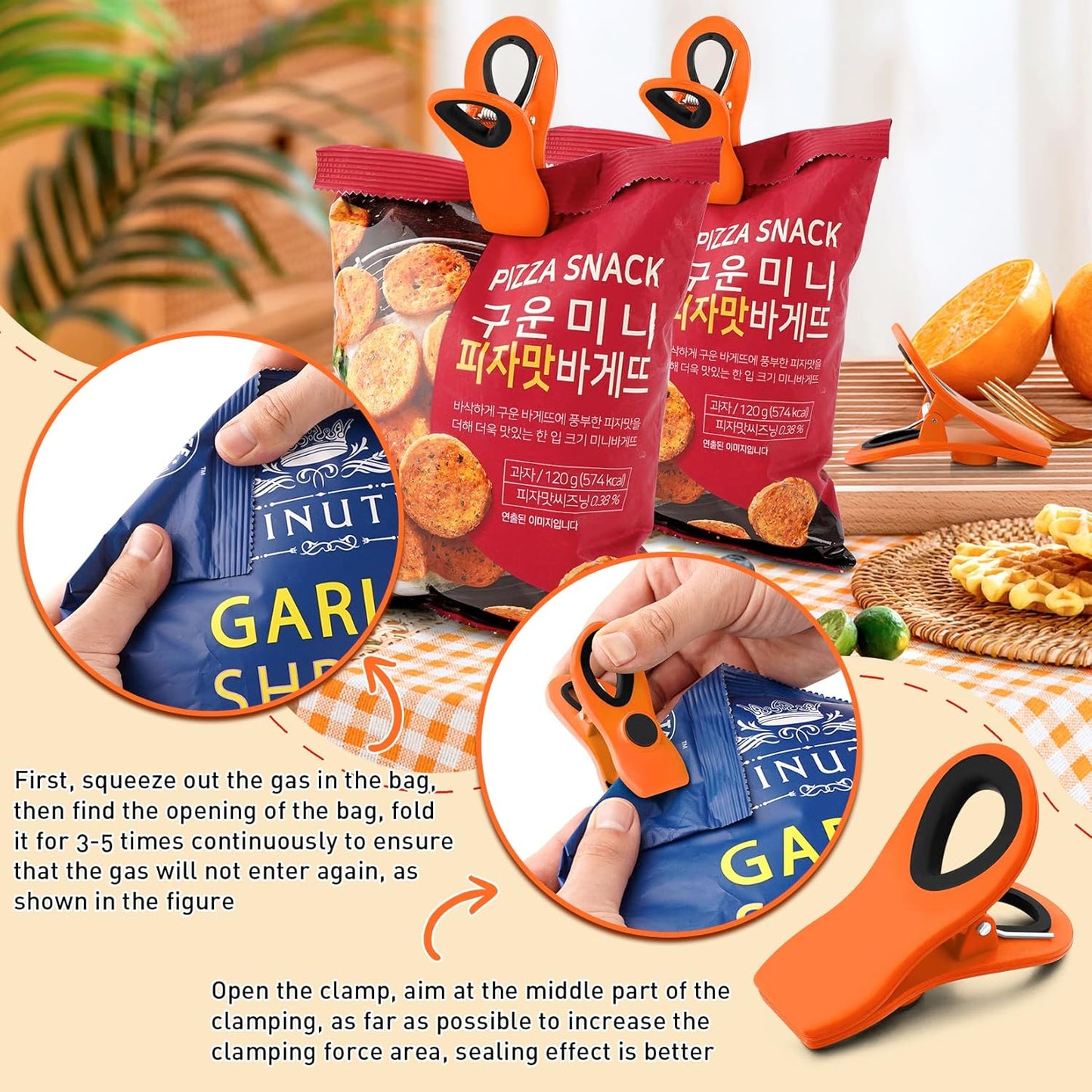 FINDMAG 12 Pack Big Chip Clips, Orange Magnetic Clip for Plants, Plastic Snack Clips for Bags, Food Sealing Clips with Magnet for Chips, Snacks, Fridge and Food Organization