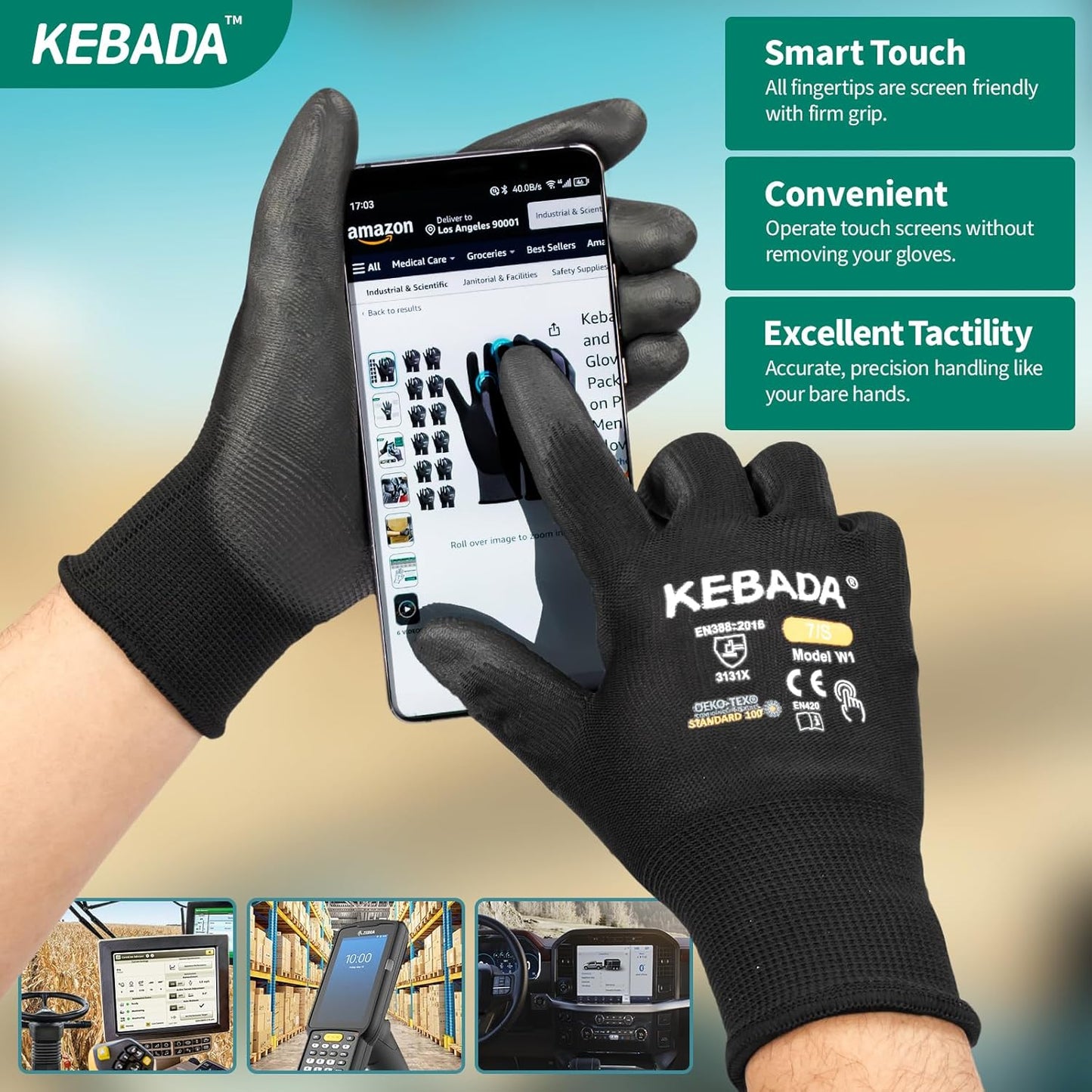 Kebada Safety Work Gloves,120 Pairs Bulk Pack, Touchscreen, PU Coated, Ideal for Warehouse, Construction, Gardening and Mechanics, Black, Large