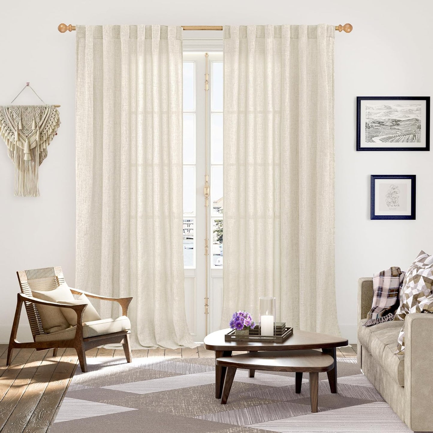 YoungsTex Extre Long Linen Curtains 102 Inch Length for Living Room, Semi Sheer Window Drapes with Rod Pocket Back Tab Light Filtering for Farmhouse Bedroom, 2 Panels, 52 X 102 Inch