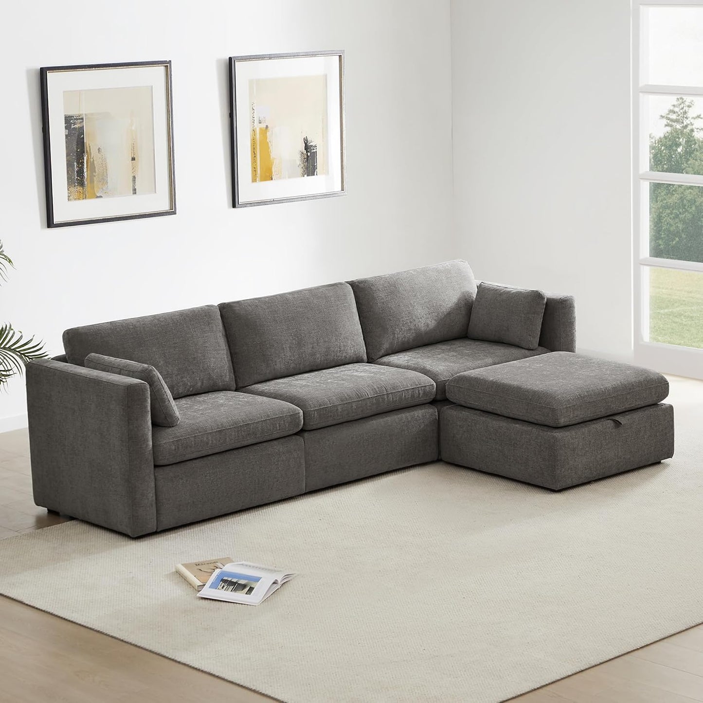 CHITA Oversized Modular Sectional Sofa Set, FSC Certified L Shaped Couch with Reversible Chaise,Modular Sectional Couch for Living Room,112 inch Width, 4 Seat Modular Sofa with Storage Ottoman, Grey