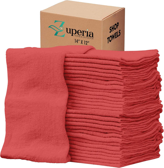 ZUPERIA Cotton Shop Towel – Multipurpose Cleaning Cloths (14" x 12" - Pack of 300 - Red) Reusable Shop Rags for Automobiles, Industrial, Restaurants, Garage, and Homes