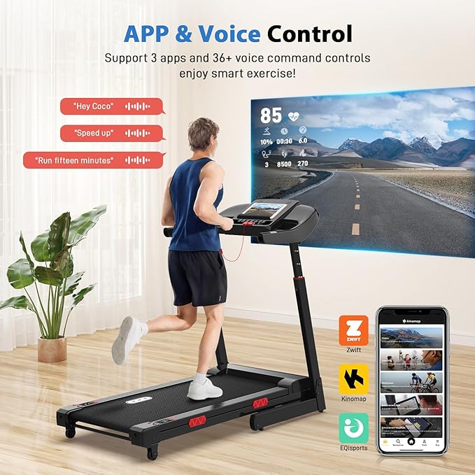CIIHI Treadmill with Auto Incline - Adjustable Height Handrail 15% Auto Incline Treadmill with 400 lbs Capacity - Foldable Running Machine for Home with APP, Voice Control and Speaker - 8.7 MPH
