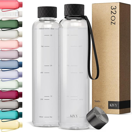 KIVY Slim Water Bottle 32oz [Lightweight & Shatterproof] Fits Backpack & Cupholder for Travel, Sports, School, Gym - Clear water bottle with measurements - Transparent Tritan Black - Dishwasher Safe