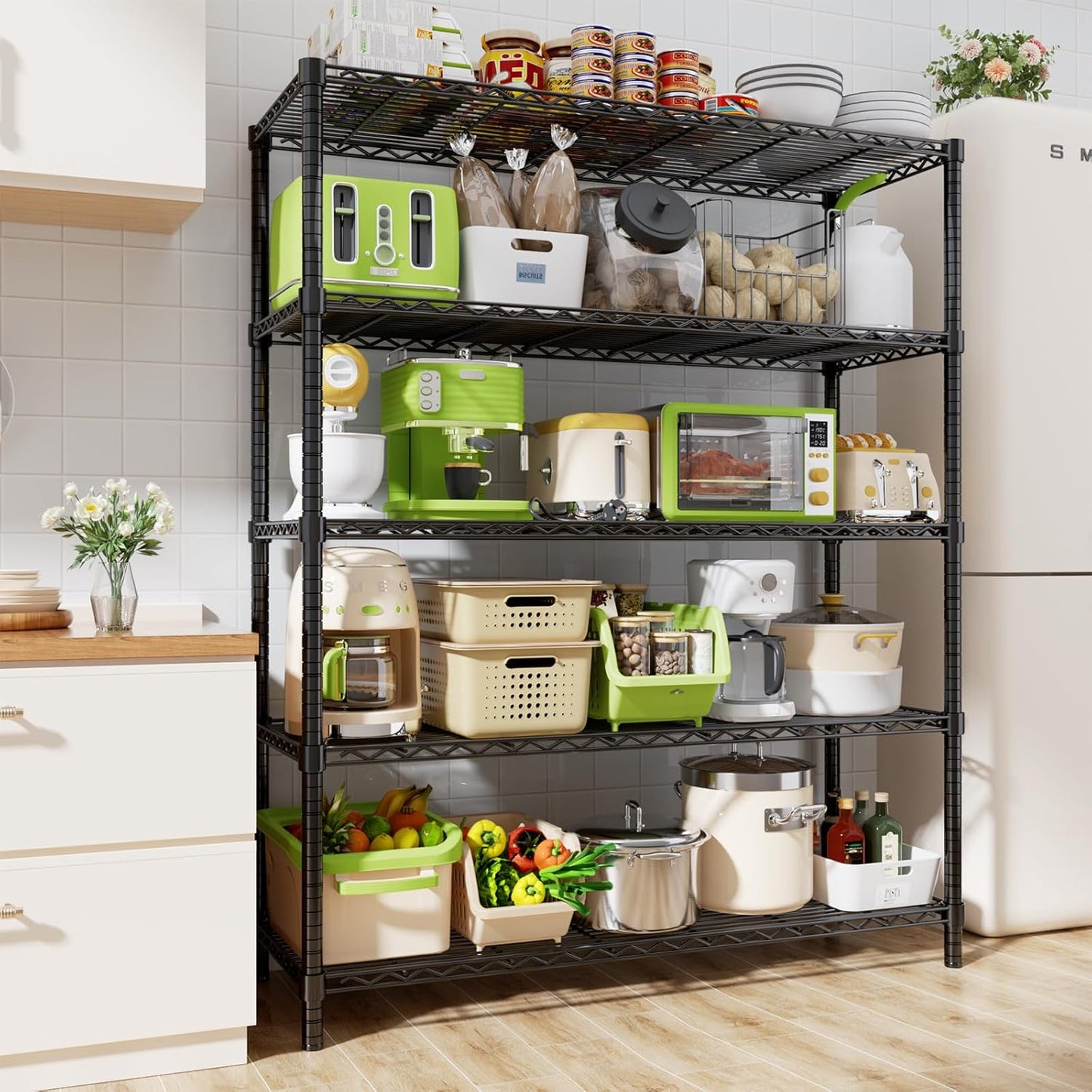 Storage Shelves, 4 PCS 48" L x 20" W x 72" H Heavy Duty Garage Wire Shelving Unit Loads 2000LBS, 5-Tier Adjustable Metal Industrial Utility Shelf Rack for Kitchen, Laundry Room, Basement