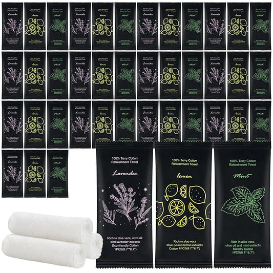 Moist Cotton Towel Bulk Moist Towelettes Individually Wrapped 8.7" x 8.7",White Towel Services,Refreshment Pre Moistened Towels Lavender, Lemon and Mint for Sport Party Spa （pack of 60)