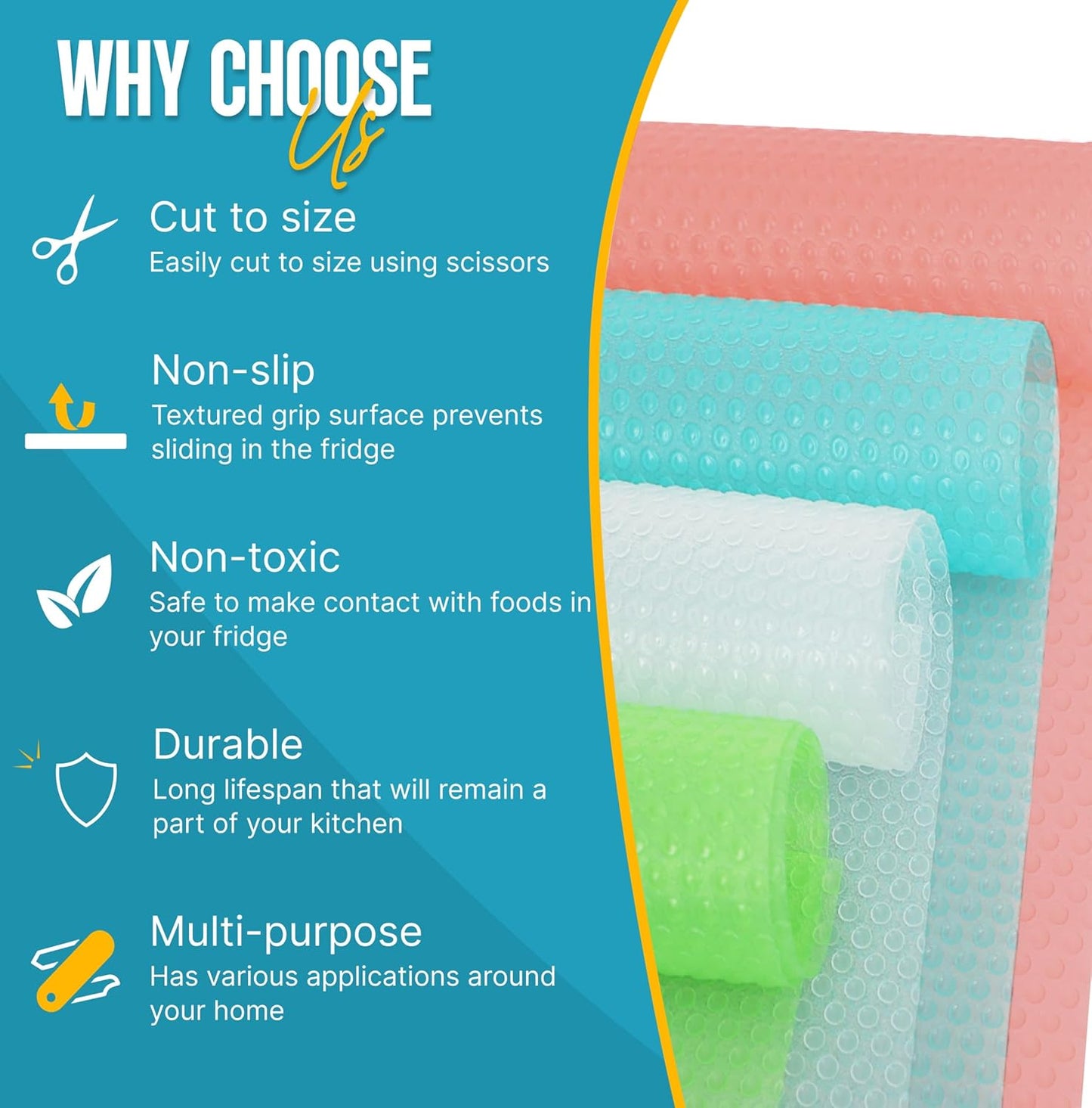 Refrigerator Liners for Shelves (16 Pack) by Linda’s Essentials - Non-Adhesive Shelf or Drawer Liner, BPA-Free Fridge Mats for Kitchen & Cabinets, Easy to Clean, Ideal Household Essentials(MultiColor)