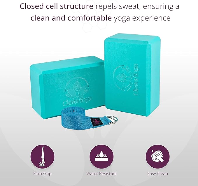 Clever Yoga Blocks 2 Pack with Strap - Extra Light Weight Sweat Repelling Foam Yoga Block Set with Cotton 8ft Yoga Stretch Strap - Yoga Block and Strap Set Kit for Beginner to Pro - Exercise