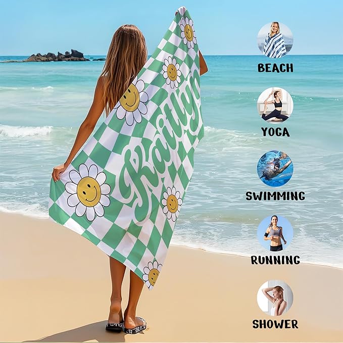 JML Personalized Beach Towel with Name, Custom Flower Beach Towel, Customized Microfiber Pool Towel, Quick Dry & Absorbent Swim Towel for Adult,Anniversary, Birthday, Summer Holiday,Vacation