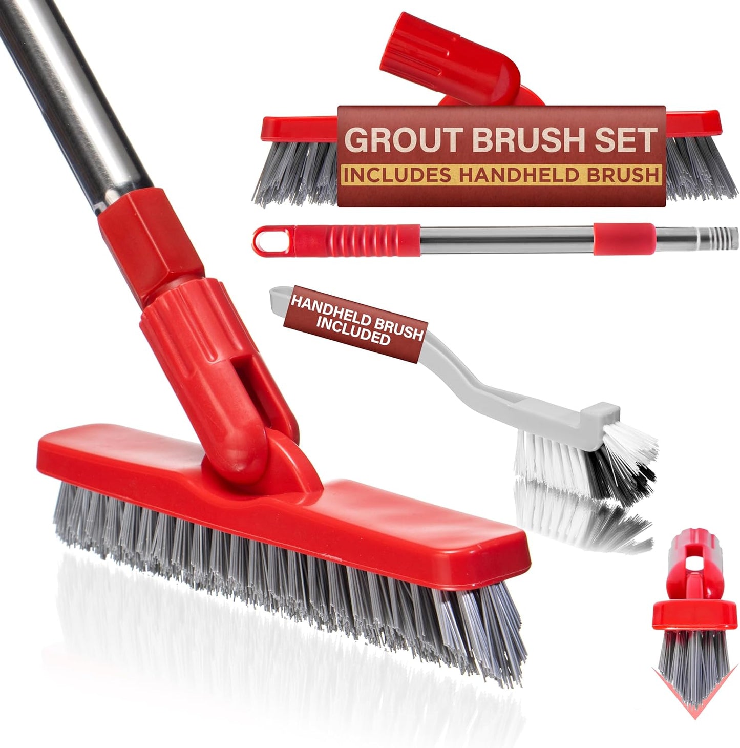 Foxtrot Living Grout Brush with Long Handle & Handheld Stiff Bristle Scrubber, V-Shaped Cleaner with Telescopic Handle for Easy Cleaning & Storage - Tile Floor Cleaning Brush