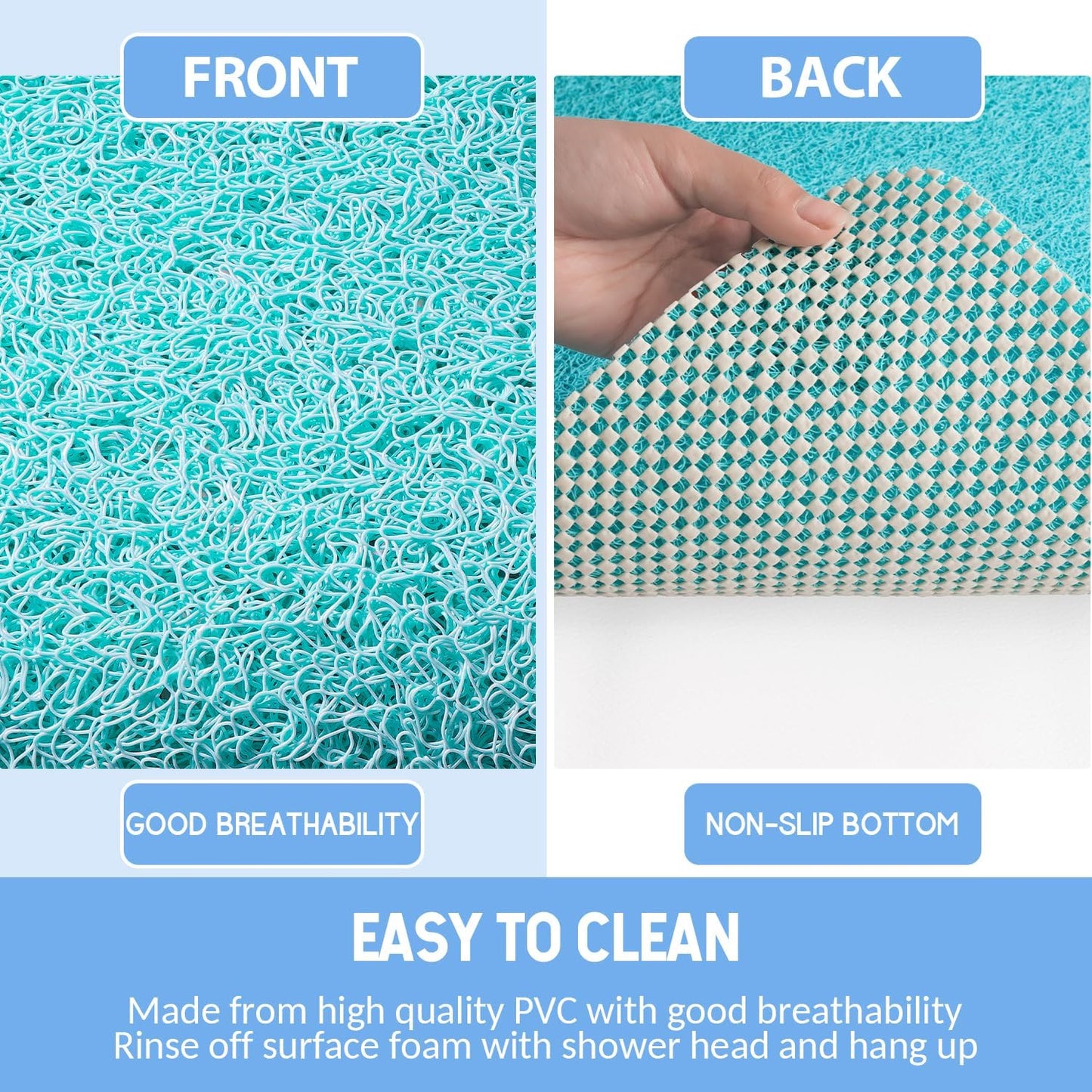 Non-Slip Bathtub Mat, Anti Slip Shower Mat, Fast Drying Bathtub Mats, Foot Scrubber Mat, Anti Slip Mat for Tub, Floor, Bathroom, Kitchen, Home, Hotel (Turquoise Blue 36"×24")