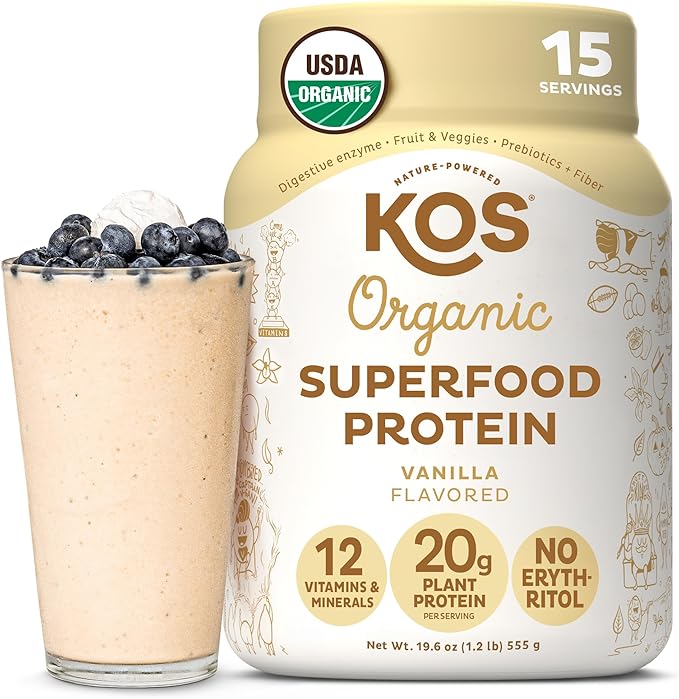 KOS Vegan Protein Powder Erythritol Free, Vanilla - USDA Organic Pea Protein Blend, Plant Based Superfood Rich in Vitamins & Minerals - Keto, Dairy Free - Meal Replacement for Women & Men, 15 Servings