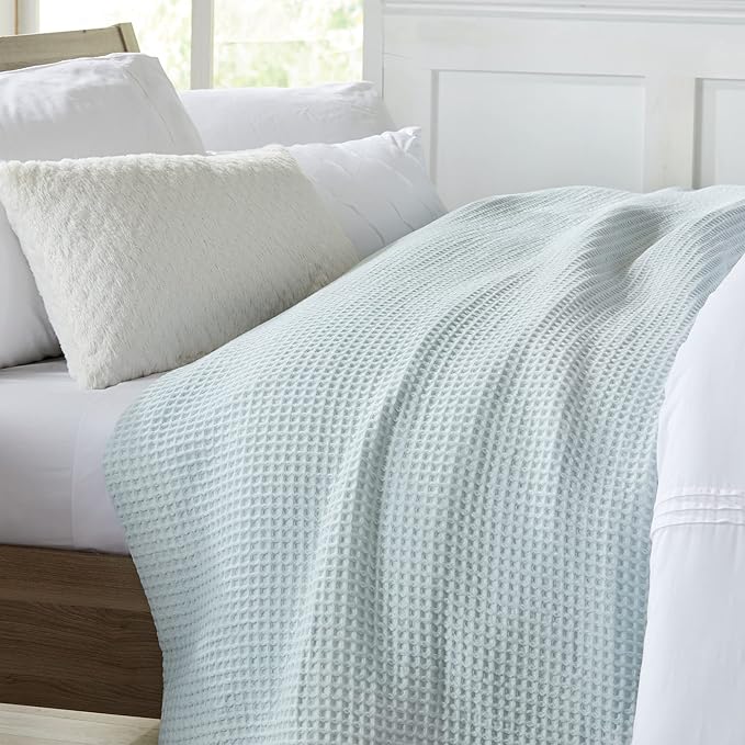 100% Cotton Waffle Weave Bed Blanket | Soft, Breathable, and Lightweight Blanket for All-Season | Perfect for Layering | Brielle Collection (Full/Queen, ICY Blue)