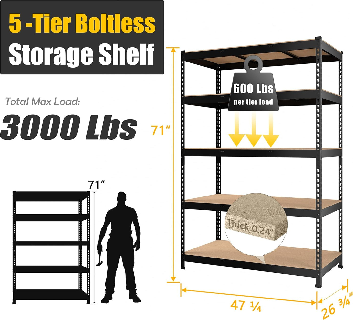 PrimeZone 48" x 24" x 72" Heavy Duty 5 Tier Adjustable Garage Storage Shelving, Metal Utility Rack Shelf Unit for Warehouse Pantry Closet Kitchen, Black, 6 Pack