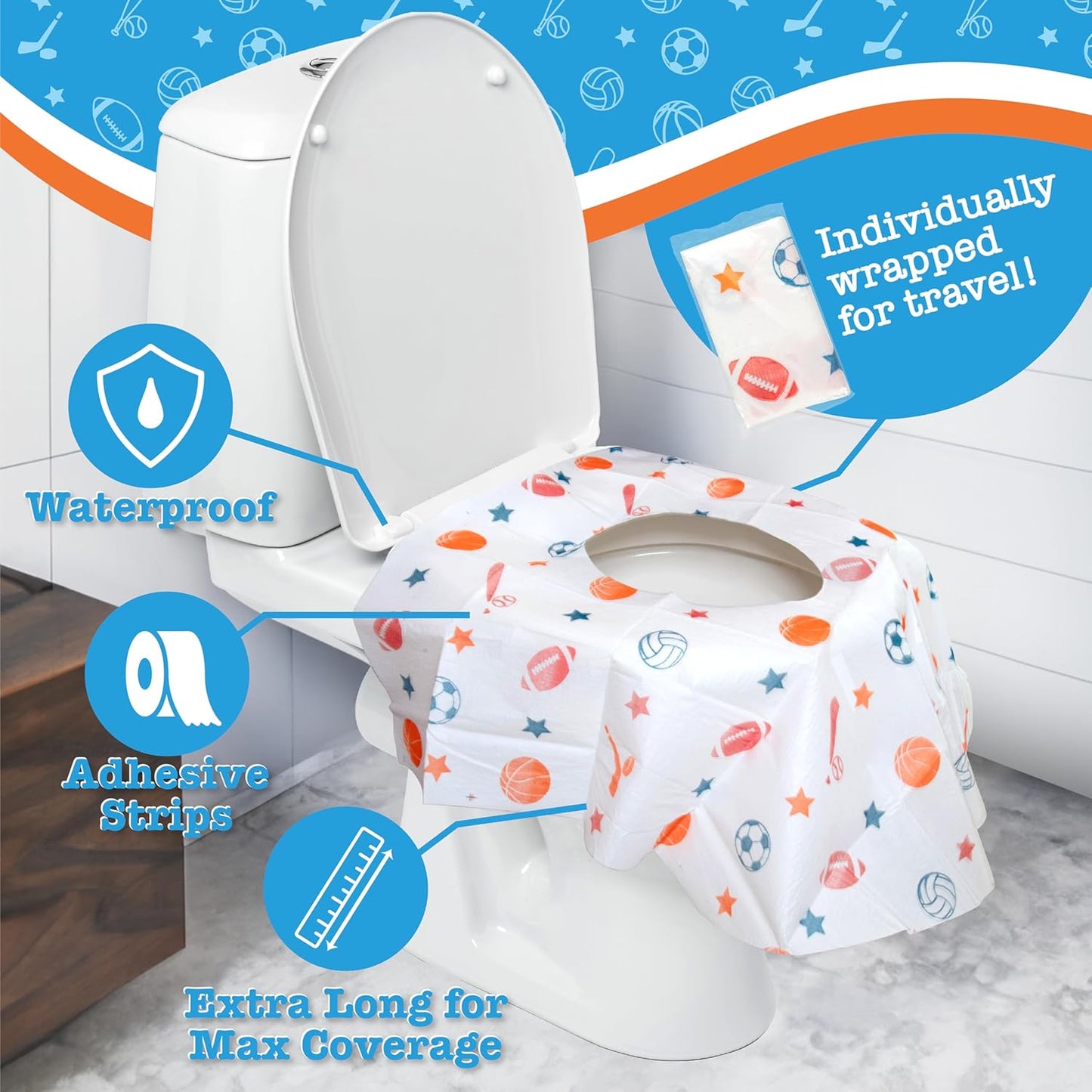 Toilet Seat Covers Disposable (6 Pack, Sports) - XL Waterproof Toilet Cover for Toddlers, Kids & Adults - Portable & Individually Wrapped for Travel, Potty Training & Public Restrooms