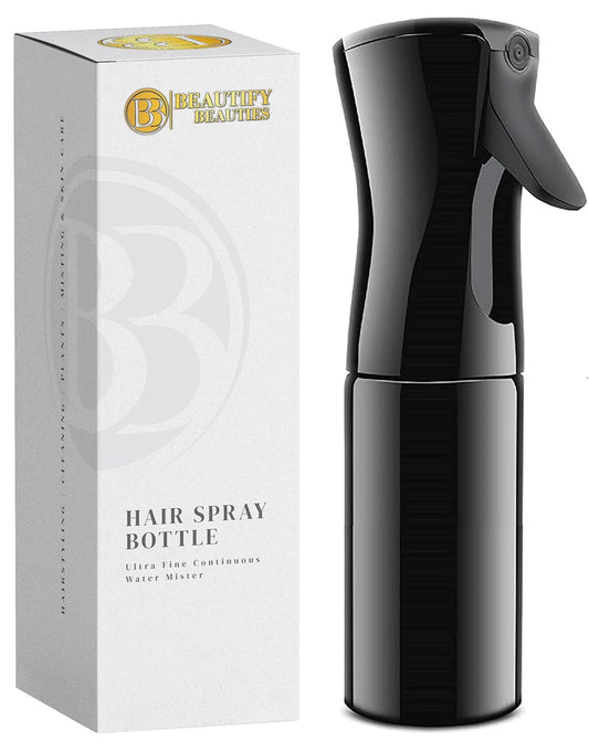 BeautifyBeauties Hair Spray Bottle – Ultra Fine Continuous Water Mister for Hairstyling, Cleaning, Plants, Misting & Skin Care (Black, 6.8 Ounces)