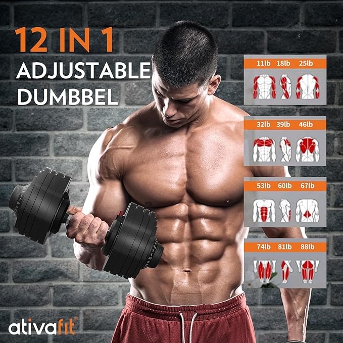 Ativafit 27.5/66/88LBS Pair Adjustable Dumbbell Set with Anti-slip Handle 12 In 1 Quick Dial Adjustment Weights With Safety Locking Button Space Saving Strength Training for Full Body Home Gym Workout