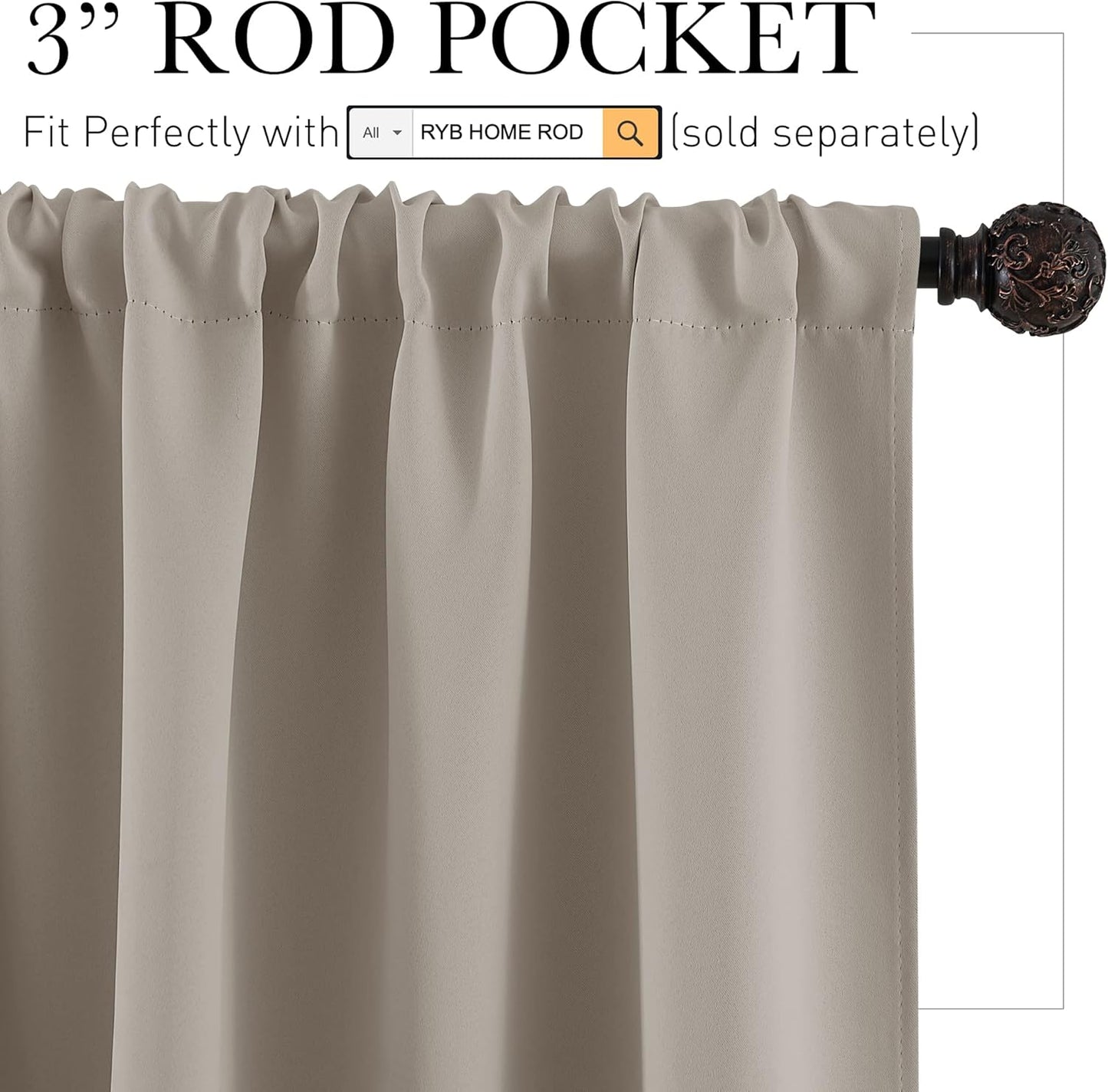 RYB HOME Bedroom Curtains Short - Blackout Privacy Energy Saving Curtains for RV Bunk Camper Bathroom Basement Kitchen Door Window Decor, 52 inch Width x 36 inch Length, Sand, 2 Pcs