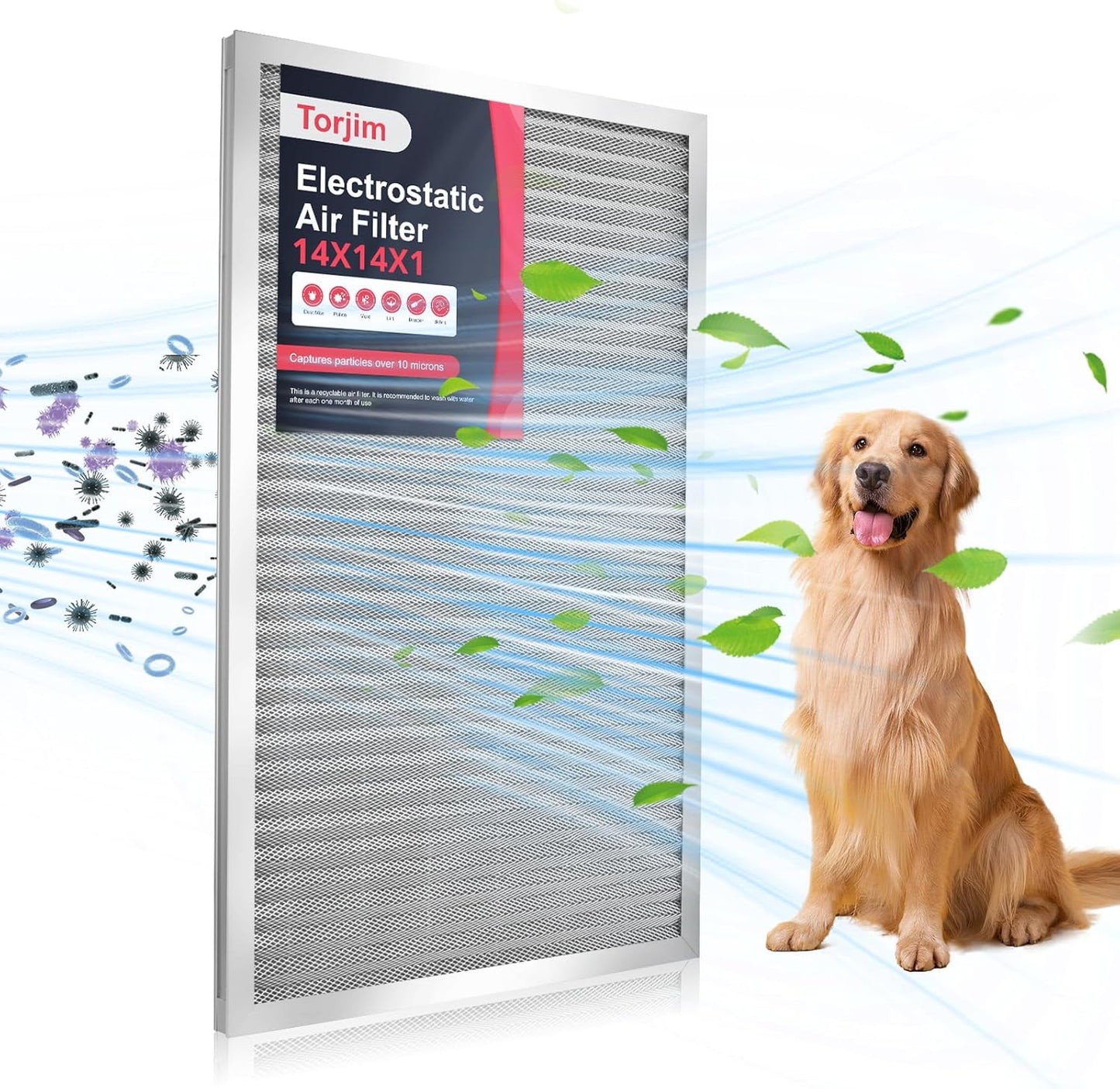 Torjim 14x14x1 MERV8 Washable & Reusable Electrostatic Air Filter - AC/HVAC Furnace Filter, Permanent, Easy Install