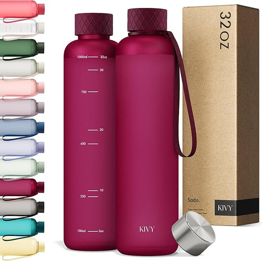 KIVY Slim Water Bottle 32oz [Lightweight & Shatterproof] Fits Backpack & Cupholder for Travel, Sports, School, Gym - Frosted red bottle no straw - Gym water bottle screw top - Dishwasher Safe