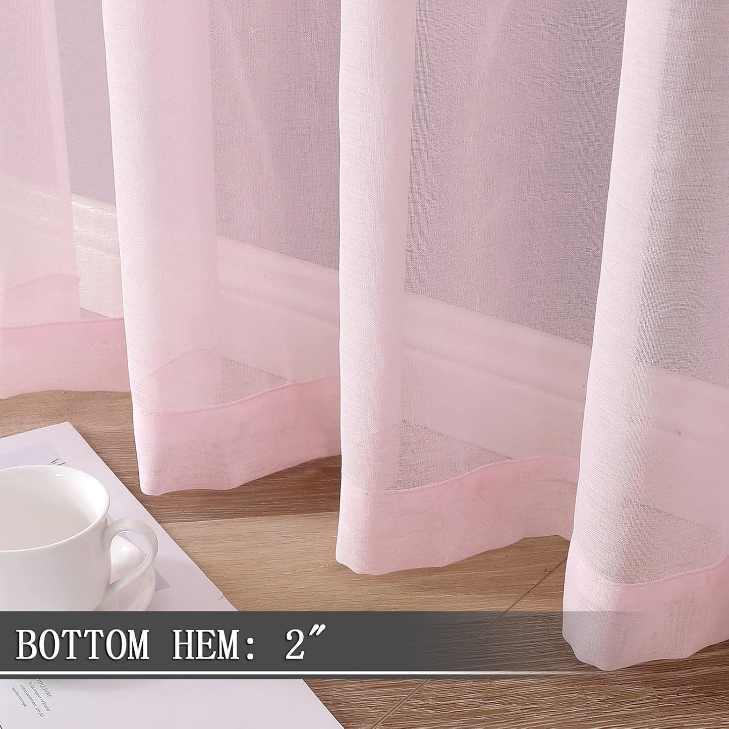 Tollpiz Sheer Curtain Linen Textured Bedroom Curtains Sheer Light Filtering Rod Pocket Voile Curtain for Living Room, 54 x 95 inches Long, Pink, Set of 2 Panels