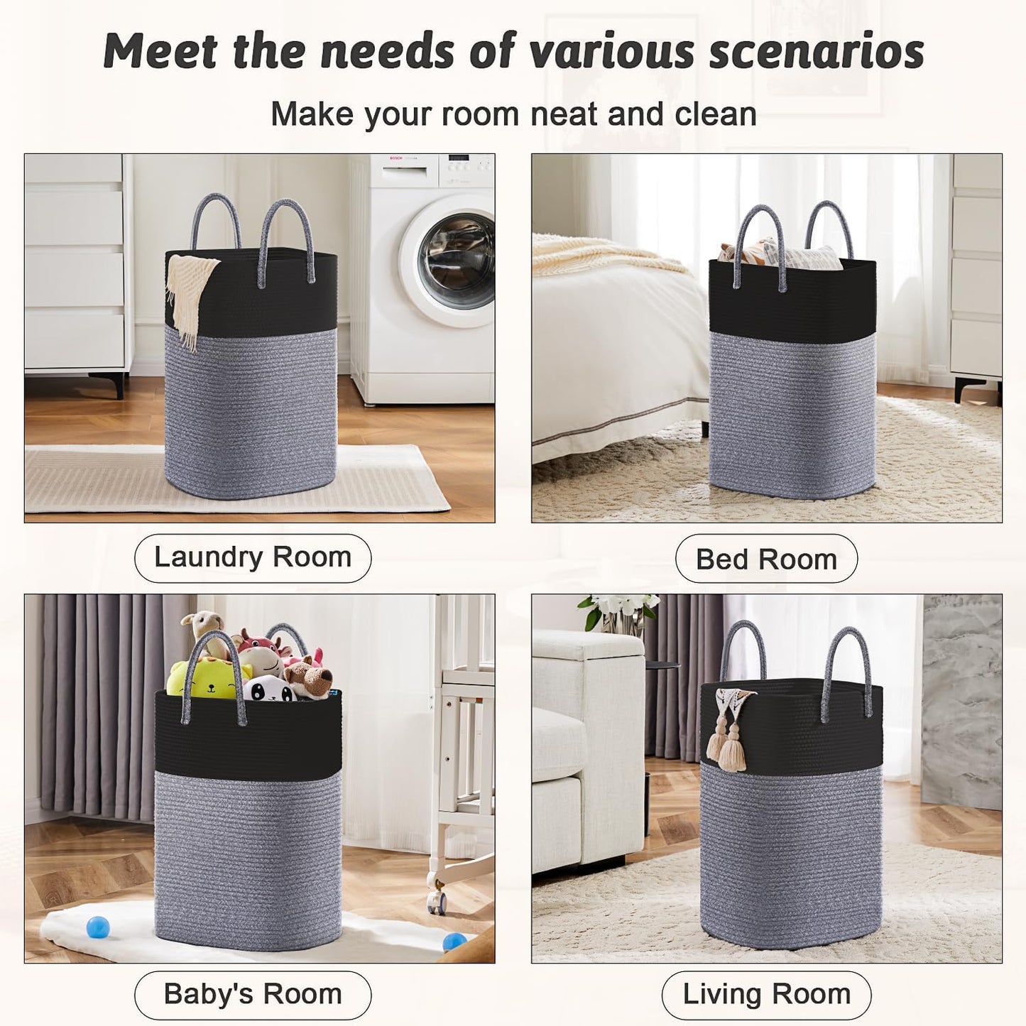 Laundry Basket,Woven Cotton Rope Laundry Hamper,Versatile Storage for Dirty Clothes,Baby Toys,and Blankets in Bathroom, Nursery,and Living Room (Black, 80L)