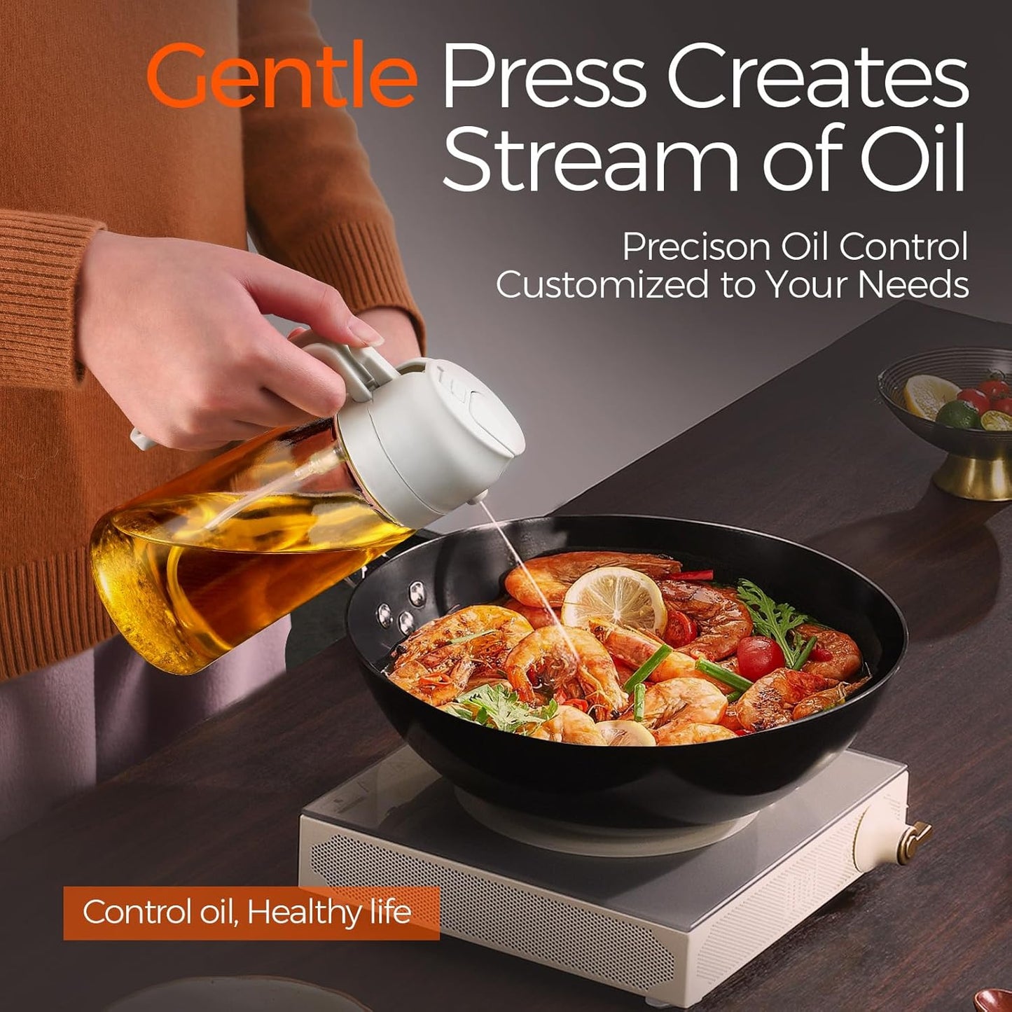 YARRAMATE 2Pcs 16oz/470ml 2 in 1 Oil Sprayer for Cooking with Stickers, Food-grade Glass Oil Spray Bottle, Oil Dispenser and Oil Sprayer for Kitchen, Salad, Frying, BBQ (White & Orange)