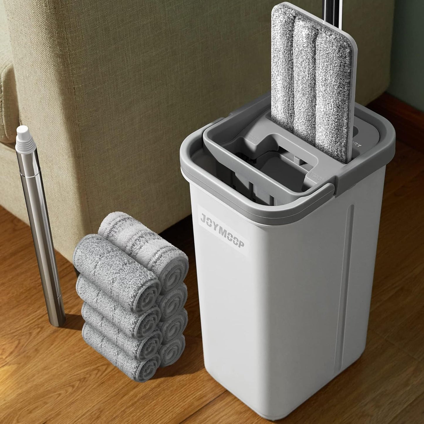 JOYMOOP Mop and Bucket with Wringer Set, Hands Free Flat Floor Mop and Bucket, with 8 Washable Microfiber Pads, Wet and Dry Use, Floor Cleaning System