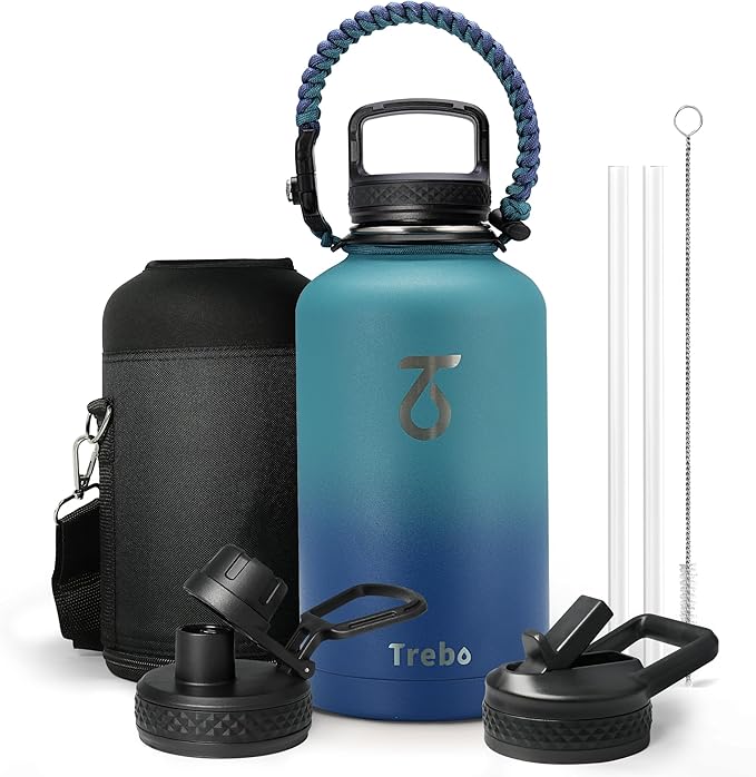 Trebo Insulated Water Bottle 64 oz, Half Gallon Metal Vacuum Water Jug with Handle and 3 Lids, Leakproof BPA-Free Water Flask for Gym Sports Hiking Travel, Keep Cold 48 Hours, Cyan Blue