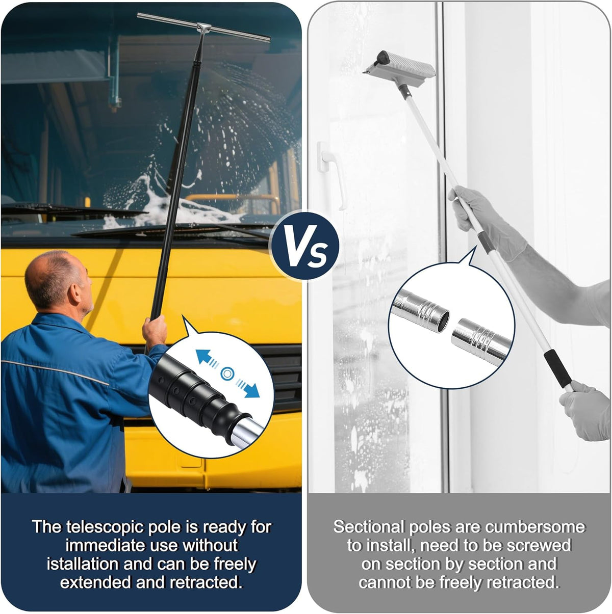 12-51’’ Telescopic Window Squeegee for Home, 2 in 1 Window Cleaning Squeegee Kit, Shower Squeegee for Glass Doors, Outdoor extendable Window Cleaner Tool for Floor Tile Wall Car Windshield