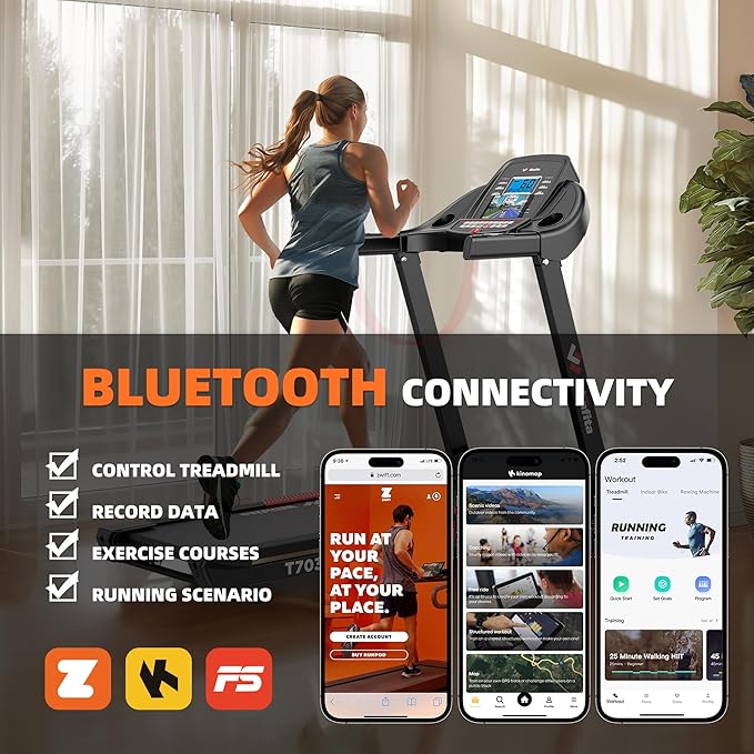 Treadmill with Incline, 300 LBS Capacity, 8 MPH or 10 MPH Speed, Bluetooth, App, Pause Function, Folding Treadmills for Home with 64 Programs, 17'' or 18'' Wide Belt, Heart Rate, BMI Detector