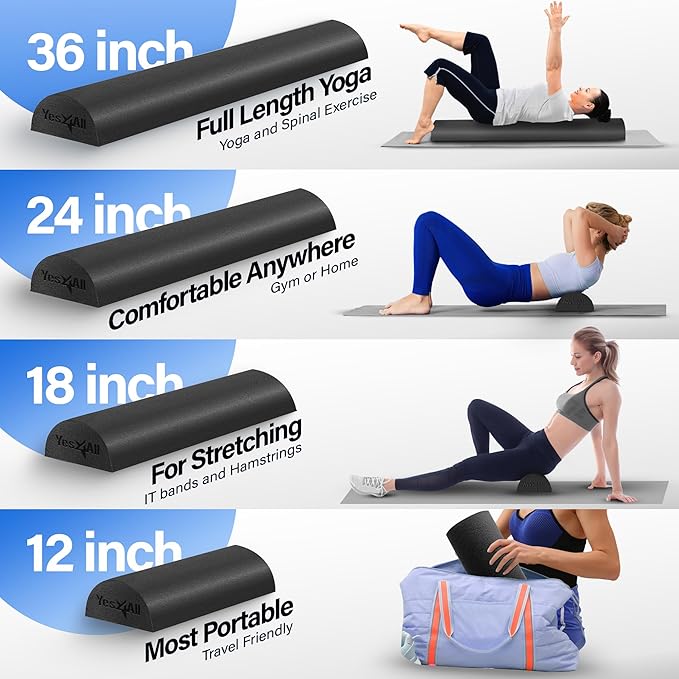 Yes4All Medium Firm Half Foam Rollers for Post-Workout Relaxation, 12/18/24/36 inch PE Foam Roll for Back Massage & Yoga Exercise