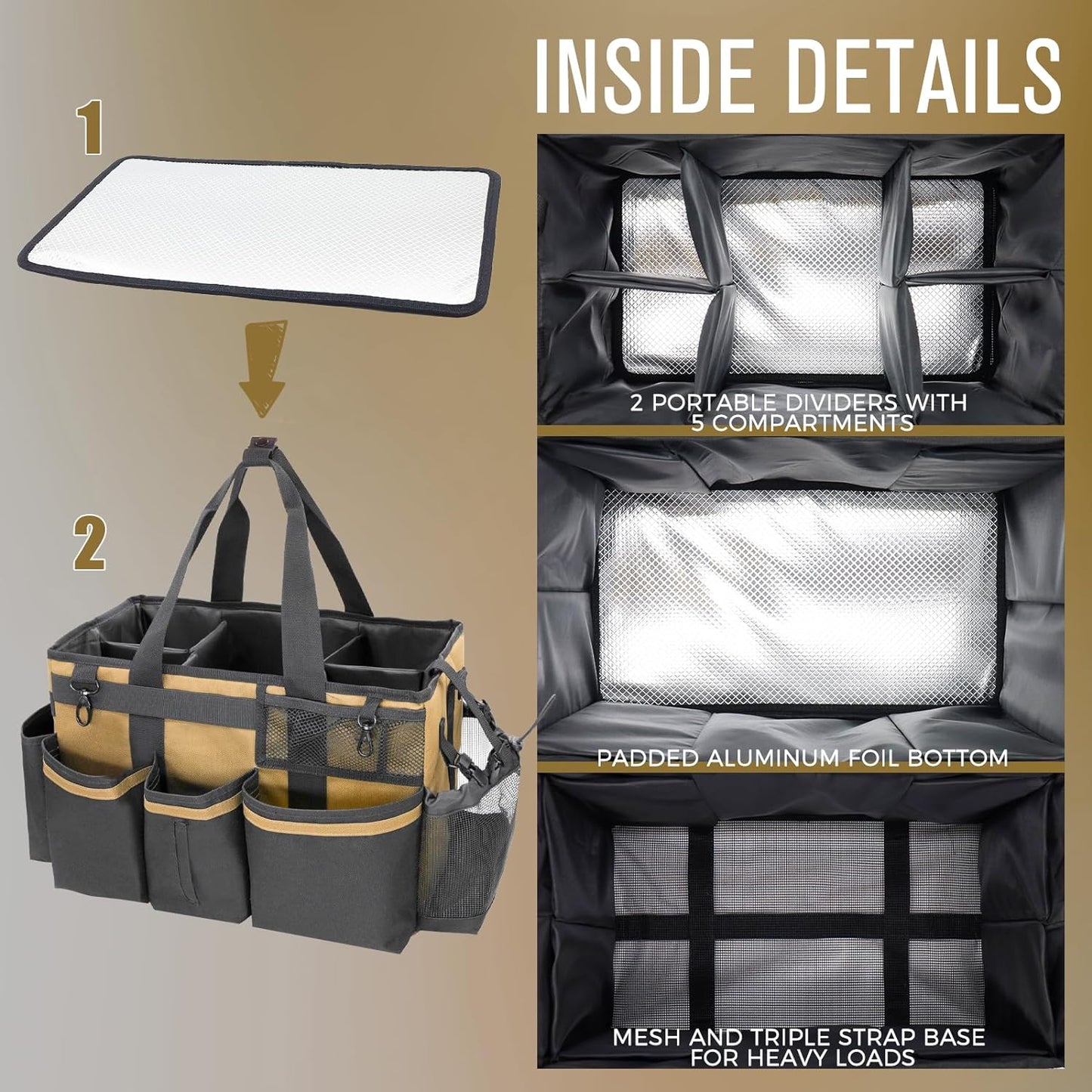 Wearable Cleaning Caddy Organizer with Handle & Shoulder Straps for Housekeepers, Under Sink & Car Cleaning Tool Organizer Bag with 4 Foldable Dividers (Tan)