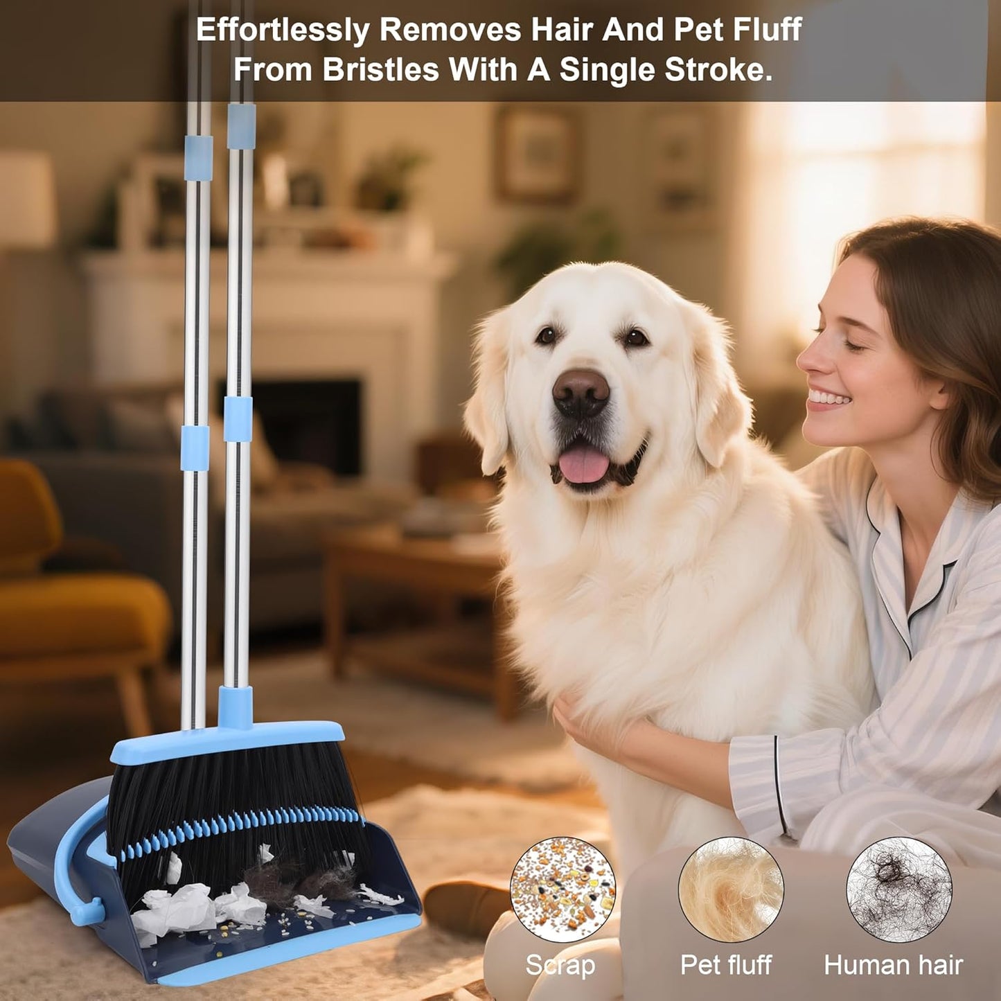 Broom and Dustpan Set for Home 2025 Indoor Outdoor Broom with Dustpan Combo Set Upright Dust Pans with Long Handle Angle Broom for Kids Garden Pet Hair Lobby Wood Floor Kitchen