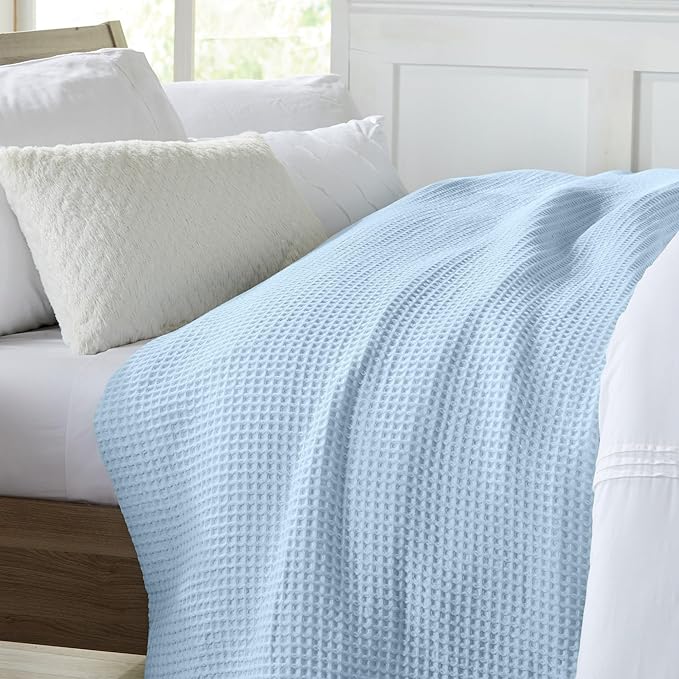100% Cotton Waffle Weave Queen Bed Blanket | Soft, Breathable, and Lightweight Blanket for All-Seasons | Perfect for Layering | Brielle Collection (King, Sky Blue)
