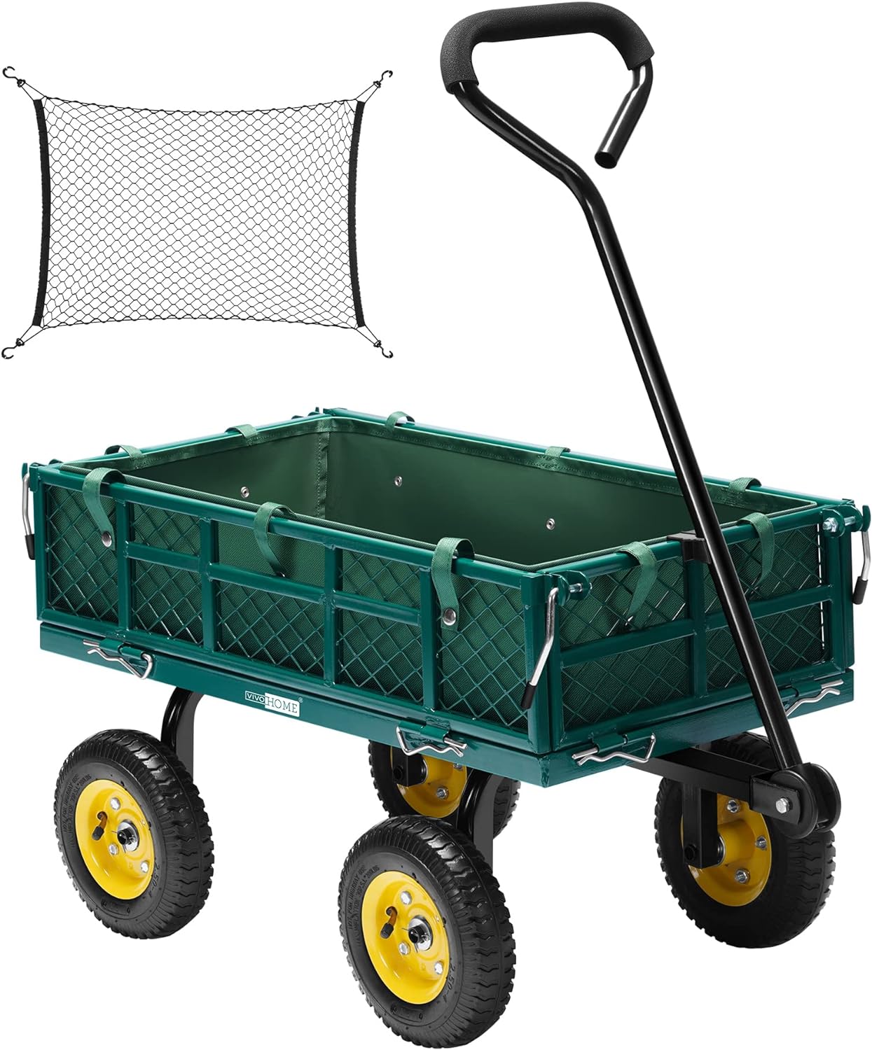 VIVOHOME Heavy Duty 400 Lbs Capacity Mesh Steel Garden Cart Folding Utility Wagon with Removable Sides Green