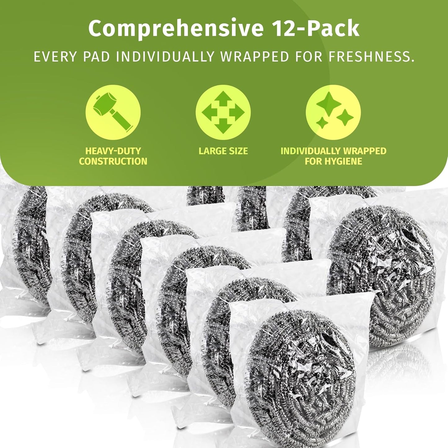 Brheez Stainless Steel Cleaner Scouring Pads [12 Pack] - Industrial & Commercial Strength Large Cleaning Supplies Dish Sponge - Individually Wrapped 100 Gram