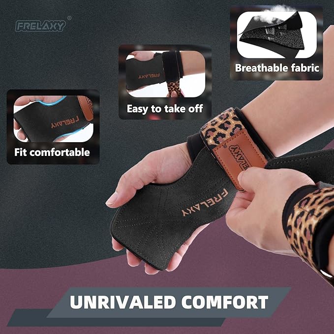 Frelaxy Lifting Wrist Straps Women and Men, Weight Lifting Grips with Cushion Wrist Loop, Double Layer Leather and Storage Pouch, Gym Workout Straps for Deadlift and Powerlifting