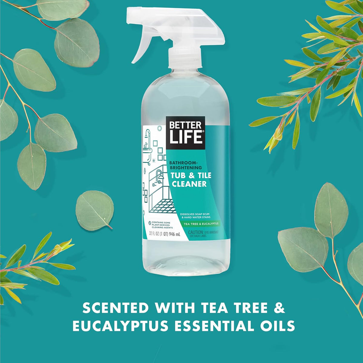 BETTER LIFE Bathroom Cleaner - Tea Tree Bathtub & Shower Cleaner Spray for Glass and Tile - Foaming Mold and Mildew Remover for Tub Works on Hard Water Stains - 32oz, Pack of 1