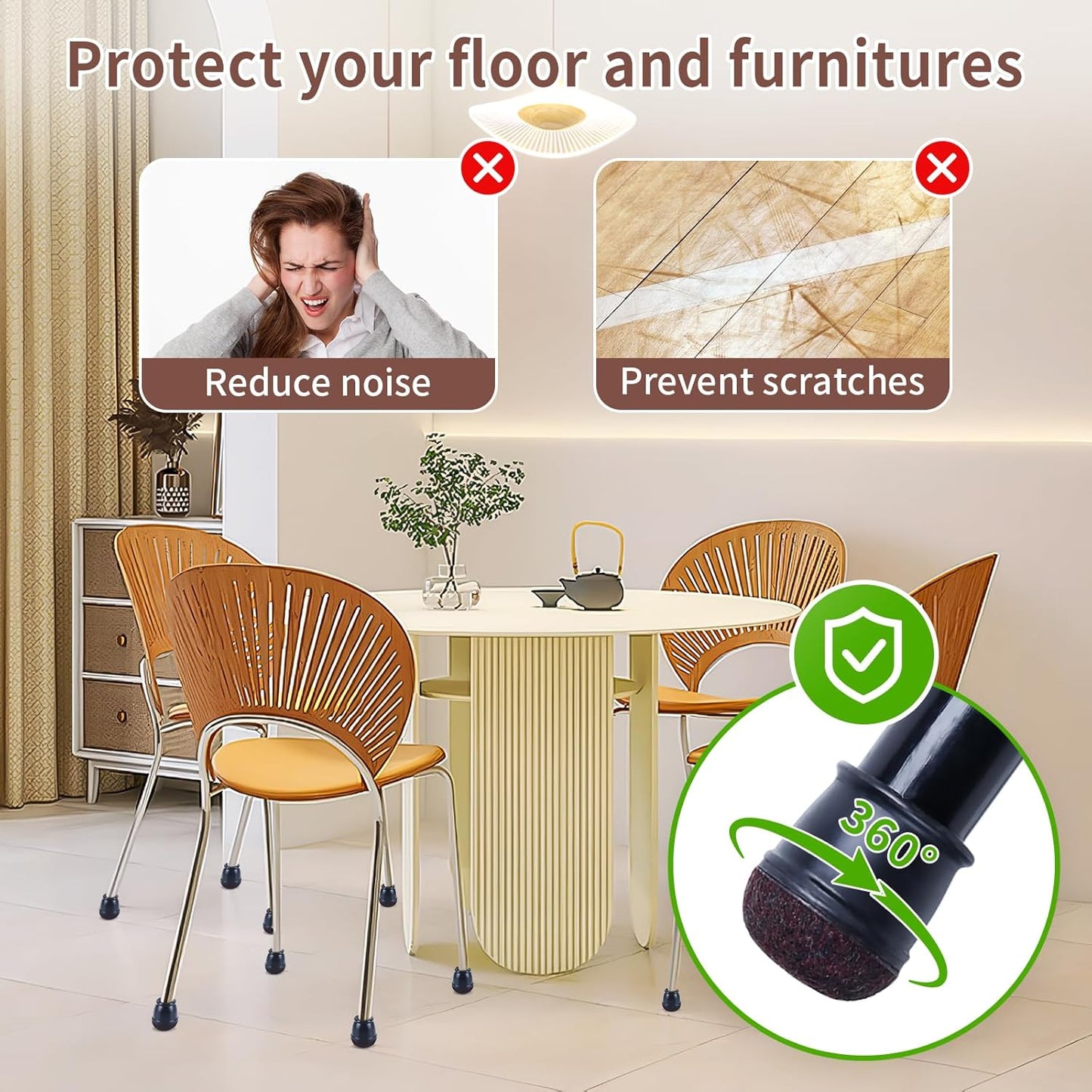 Ezprotekt 24 Pcs Extra Small Round Chair Leg Floor Protectors for Wooden & Ceramic Tiles Floors, Felt Silicone Furniture Pads Caps for Dining Table, Bar Chair Legs, Black (XS Fit: 2/5" - 11/20")
