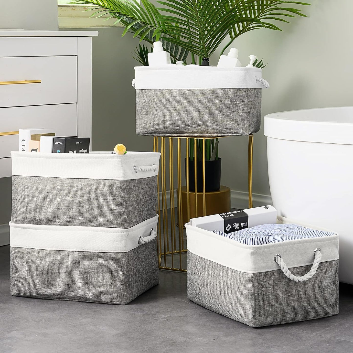 Storage Basket 16x12x8 inch Fabric Sturdy Canvas Storage Bins Organizer with Handles for Clothes and Storage Foldable Storage Boxes Cubes