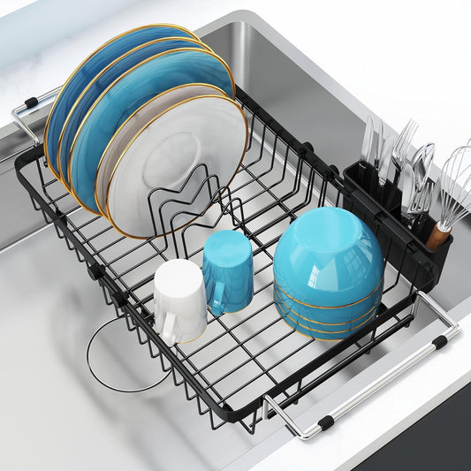 romision Expandable Dish Drying Rack Over The Sink Small Metal Stainless Steel Plate Holder for Compact Kitchen, Space Saving Modern Black Hanging Drainer