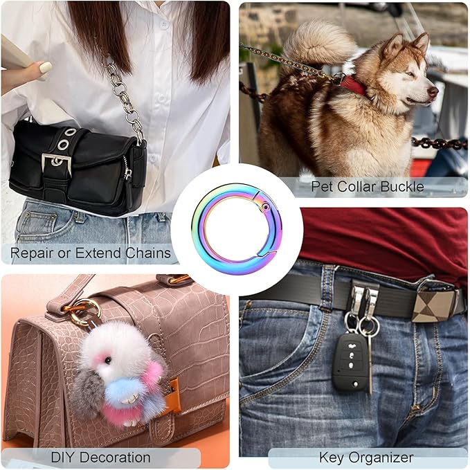 10Pack 3/4 Inch Round Carabiner, Metal Keychain Rings Spring O Ring for Purse Shoulder Bag Chain Ring Clip Replacement Paracord Keychain Lanyard Leather DIY Crafts (Rainbow)