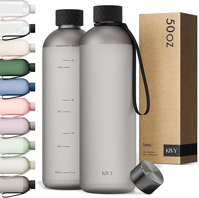 KIVY Large Water Bottle 50oz [Lightweight & Shatterproof] Fits Backpack & Cupholder for Travel, Sports, School - Black water bottle no straw - 1.5 Liter water bottles - 50oz Water bottle