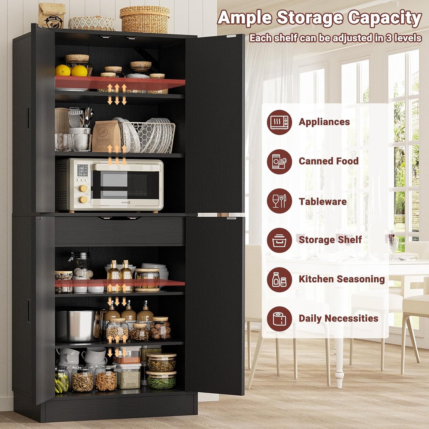Unikito Kitchen Pantry Cabinet with Farmhouse Barn Doors and Storage Drawer, 4 Adjustable Shelves, Freestanding Tall 71" Cupboard for Kitchen, Dining Room, Living Room, Utility Room, Black