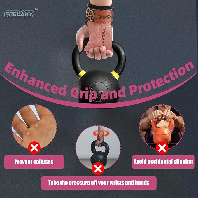 Frelaxy Lifting Wrist Straps Women and Men, Weight Lifting Grips with Cushion Wrist Loop, Double Layer Leather and Storage Pouch, Gym Workout Straps for Deadlift and Powerlifting