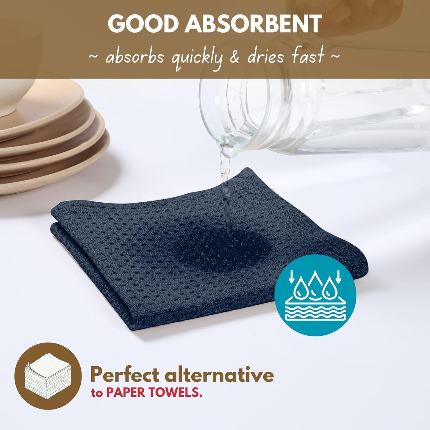 Native Fab Cotton Kitchen Towel with Hanging Loop 16x26 inches, 4-Pack, Waffle Weave Kitchen Towels for Cleaning Drying, Washcloths Soft & Absorbent Cloth Rags, Bar Towel, Dish Cloth, Navy