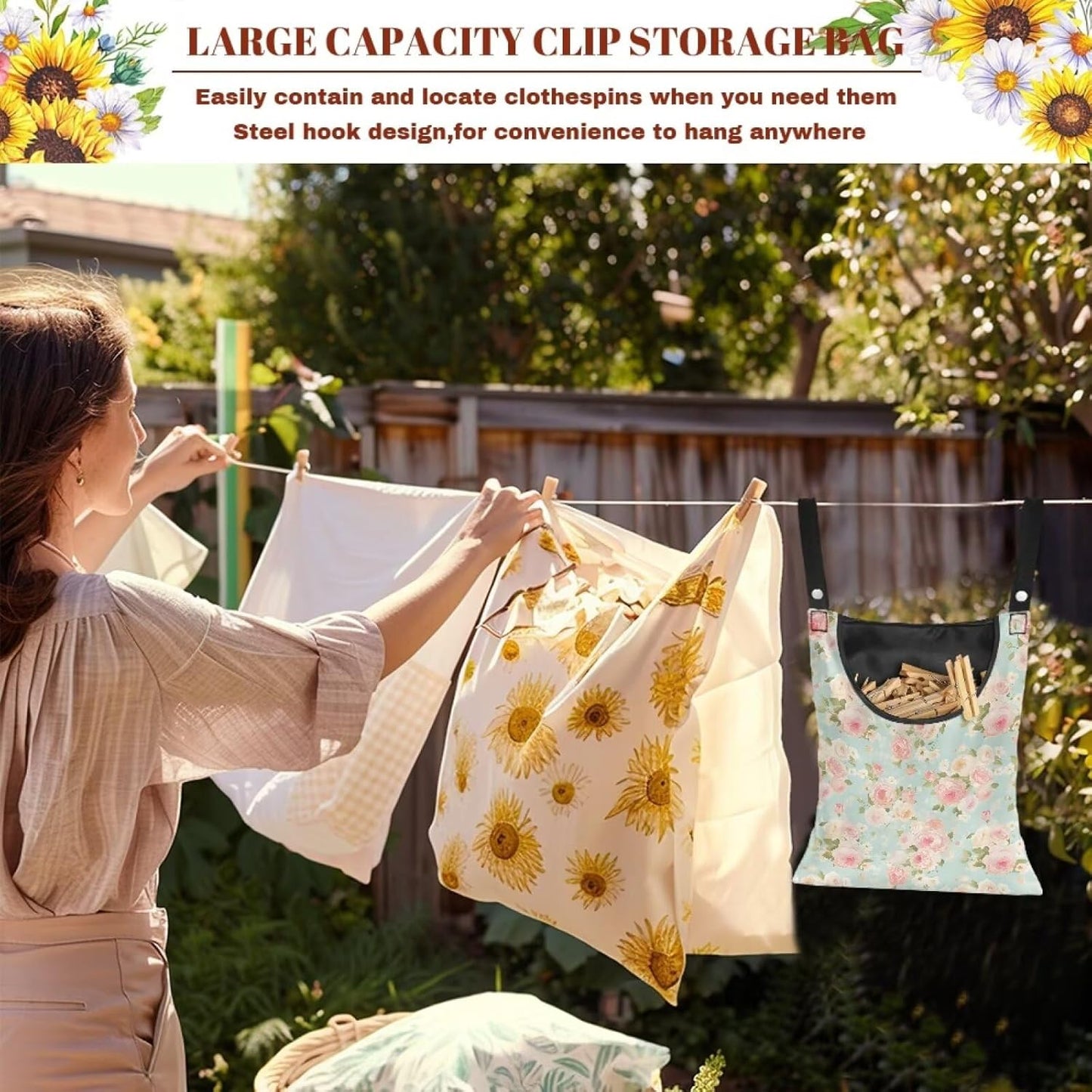 Clothes Pin Hanging Bag, Large Capacity Clothespin Bag Clothes Pin Hanging Bag Space-Saving Organize Clothespin Bag for Outdoor - Rose Pink Pattern
